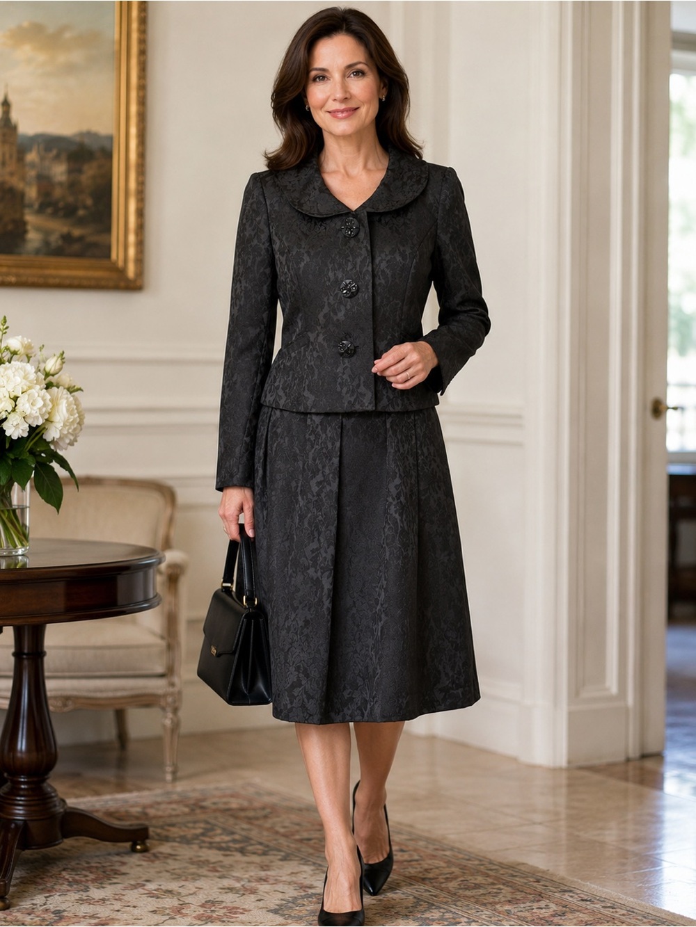 Kasper Black Textured Jacquard Skirt Suit 2-Piece Set Size 8